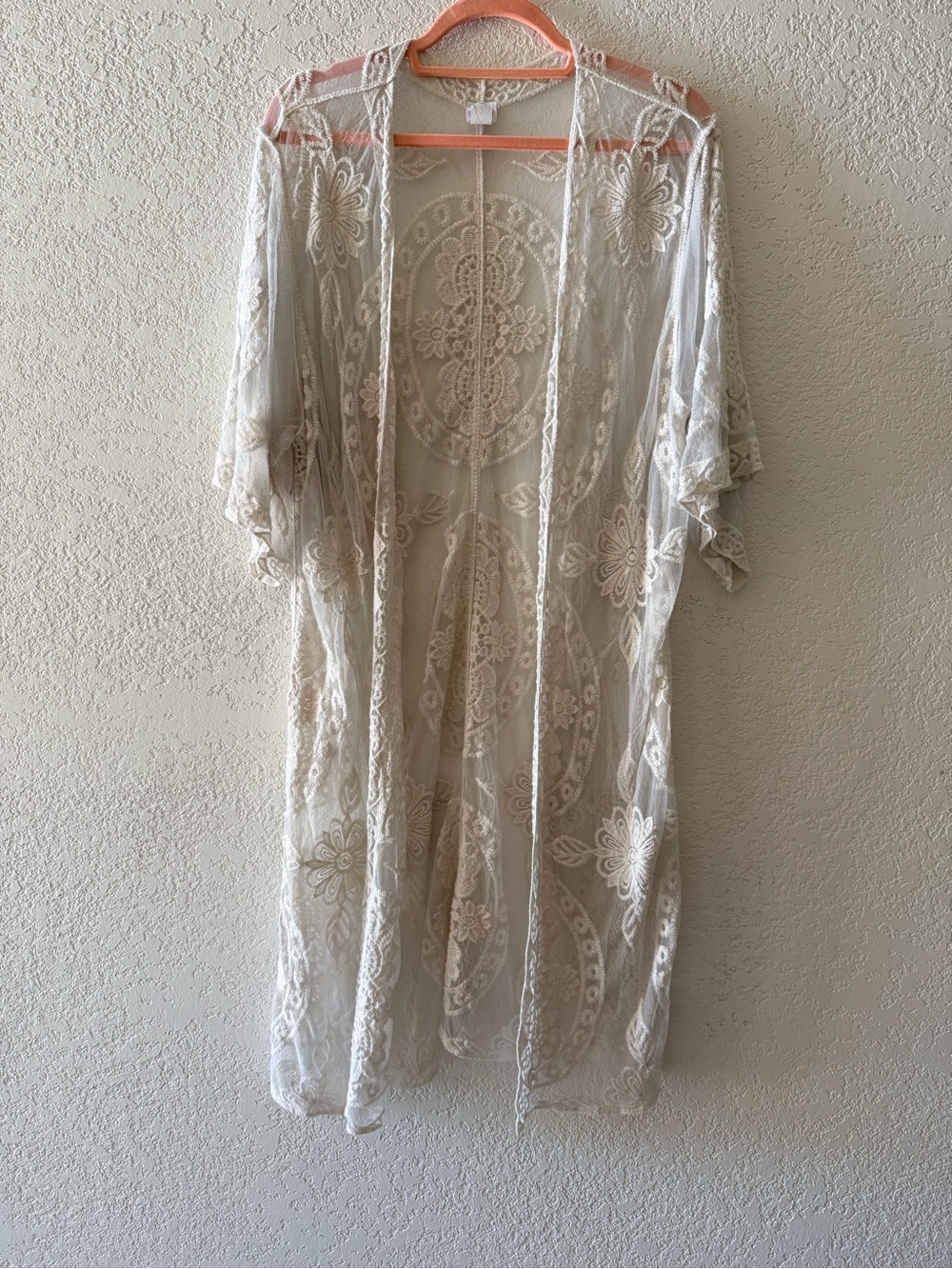 Women’s Ivory Boho Sheer Long Duster Cardigan Floral Embroidered Size L / XL